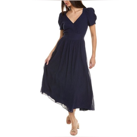 LoveShackFancy Blue Midi long Dress hutchinson silk crepe shirred flowy size 0 - Picture 5 of 10